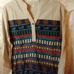 NIB New Chic Beige top long sleeve with primitive print straight fit sz …